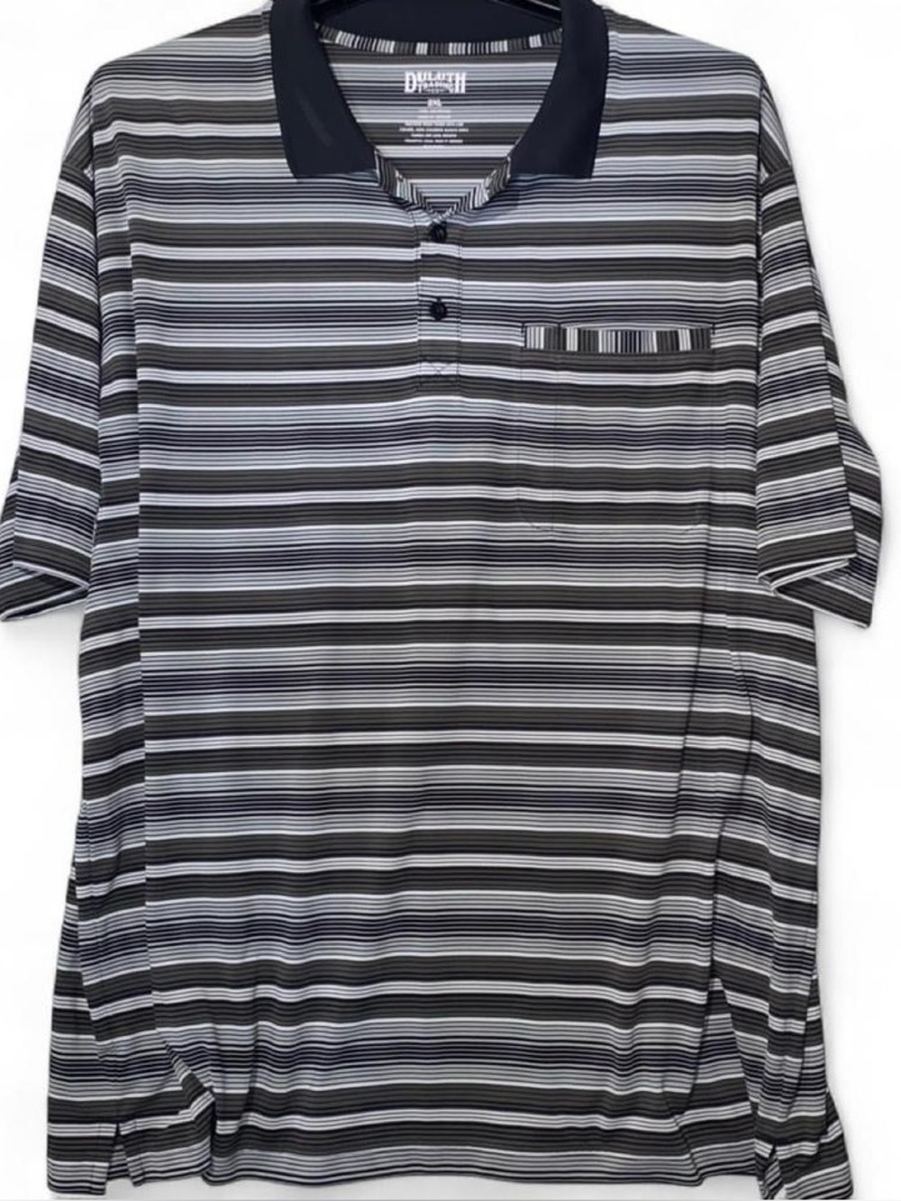 Duluth Trading Co Men's Striped Polo in Black, Gray, and White